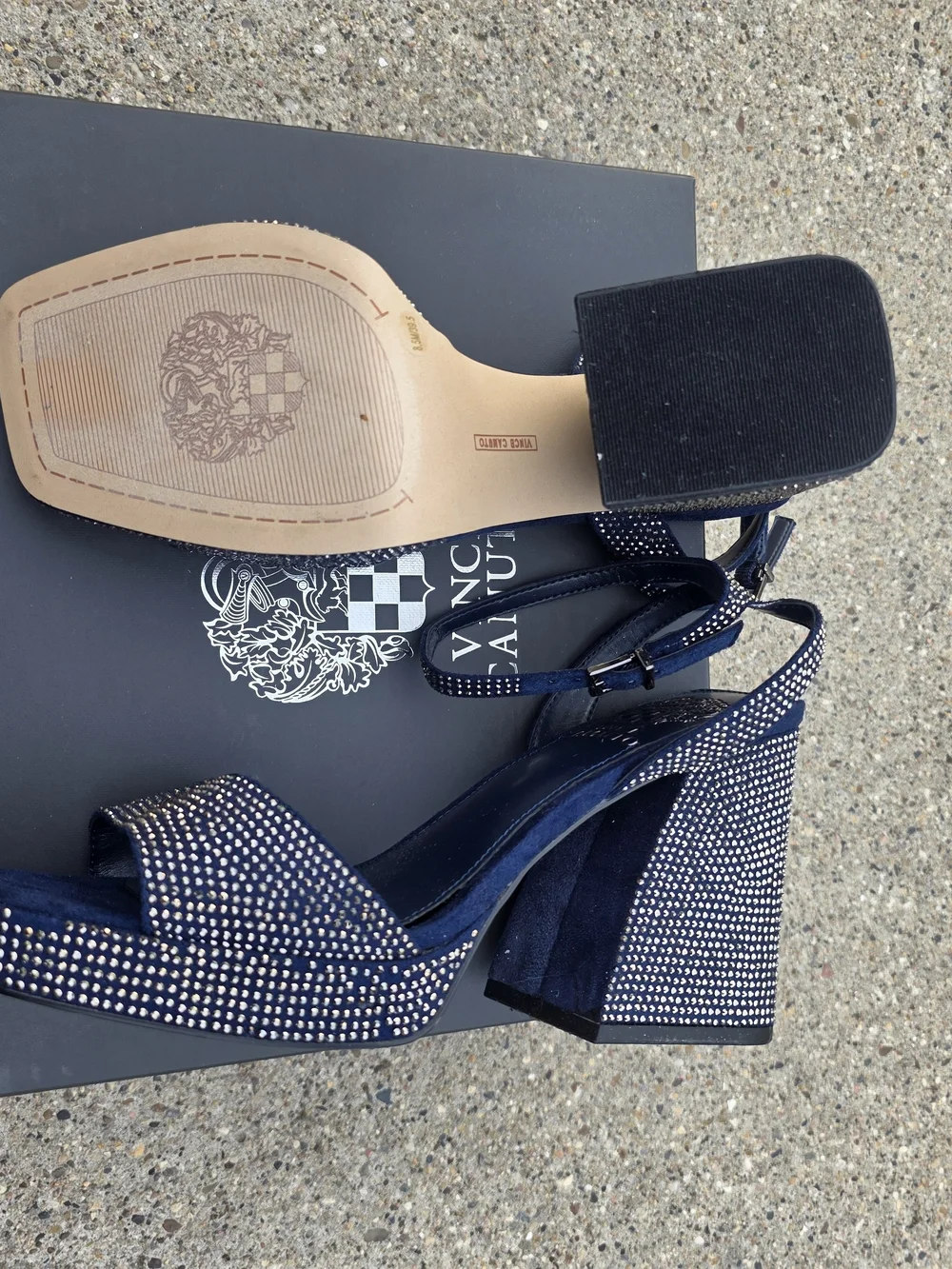 Vince Camuto Navy Embellished Block Heel Sandals Women 8.5